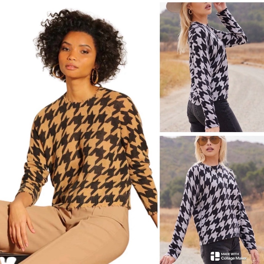 Minnie Rose 100% cashmere houndstooth frayed sweater